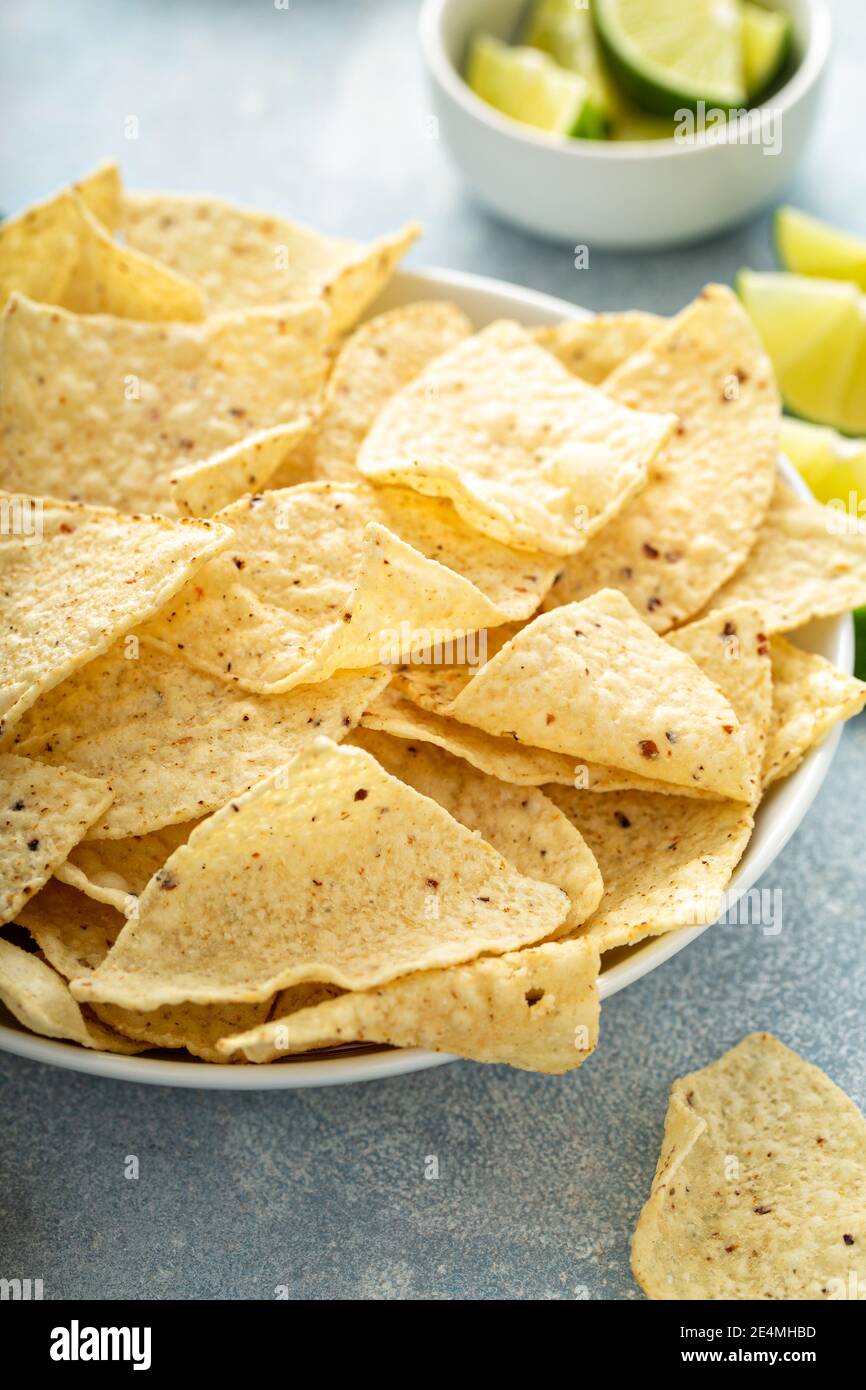 Corn tortilla chips in a bowl Stock Photo