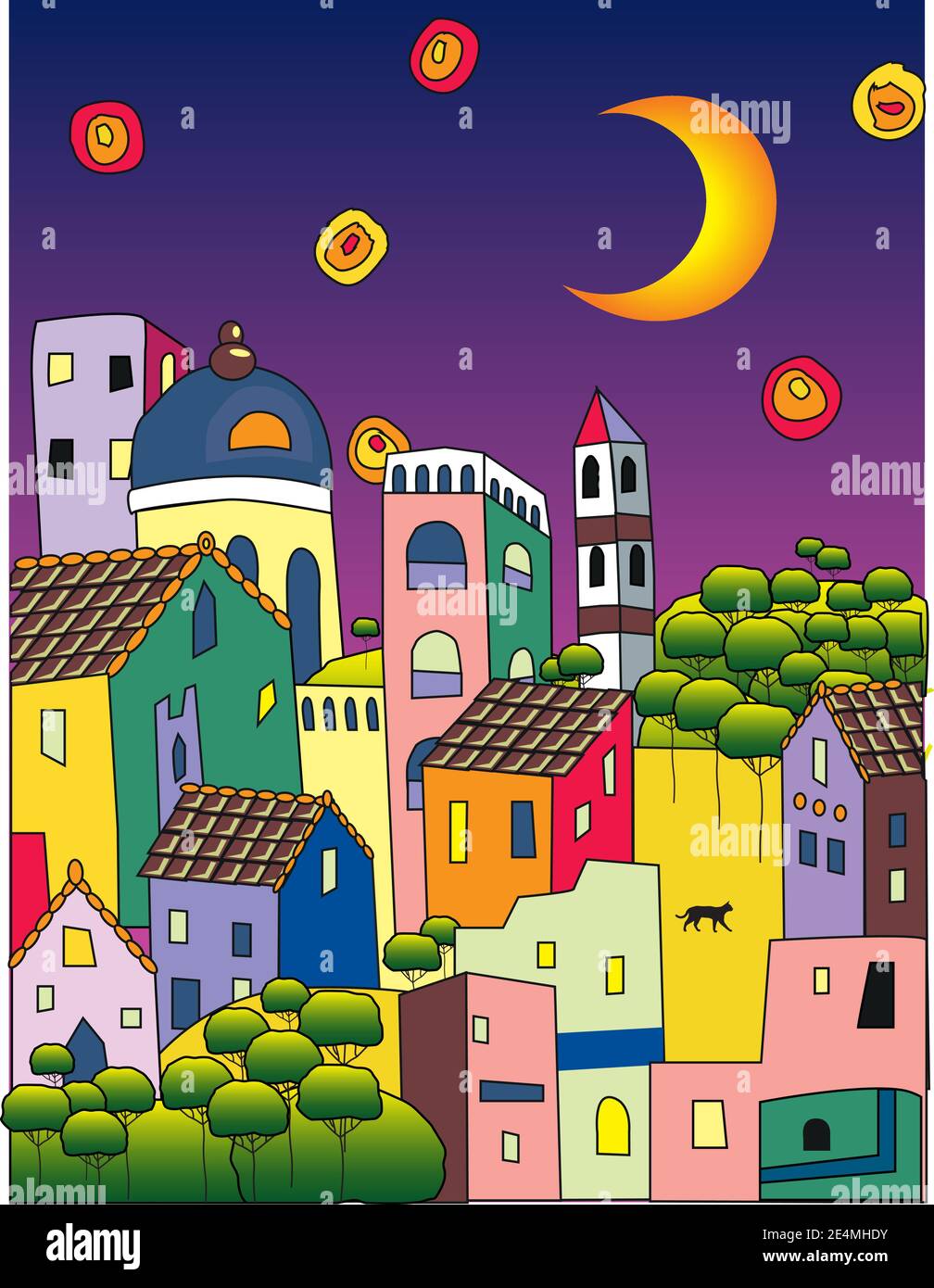 Multycolor summer street in magic town at moon night. Trees, towers, young moon and the bright light galaxies in the sky. Vector drawing. Stock Vector