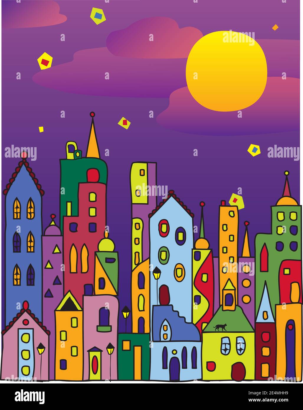 Multycolor magic town at moon night. Towers, full moon and the bright light galaxies in the sky. Vector drawing. Stock Vector