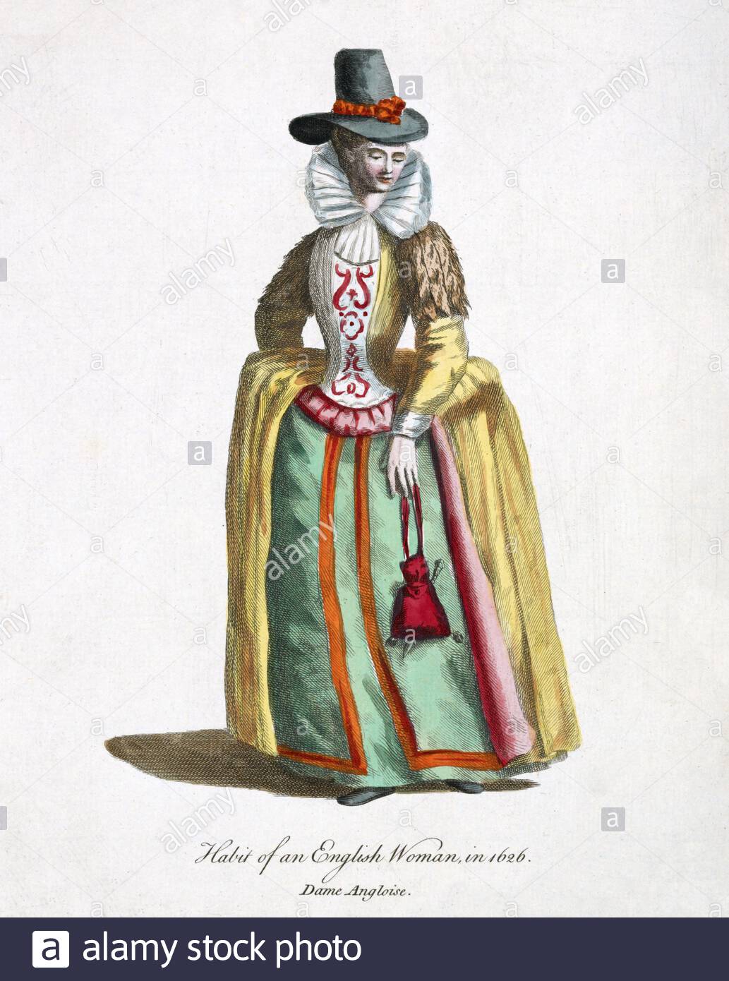 Habit of an English woman in 1626, vintage illustration from the 1700s Stock Photo