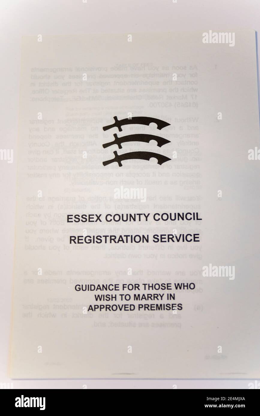 Essex County Council registration service booklet. Guidance for those who wish to marry in approved premises Stock Photo