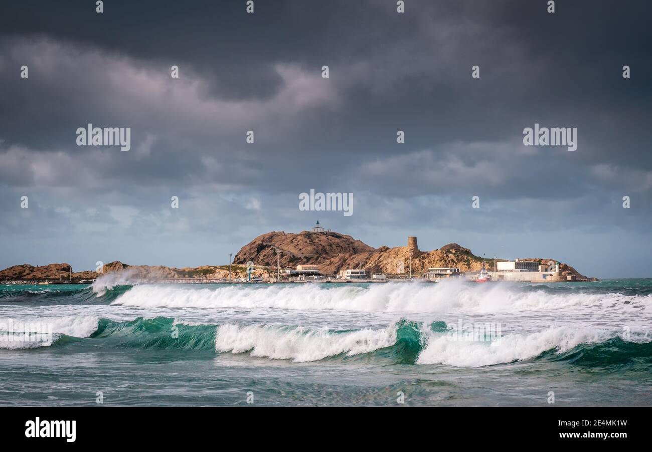Rough seas after storm Hortense at Ile Rousse in the Balagne region of ...