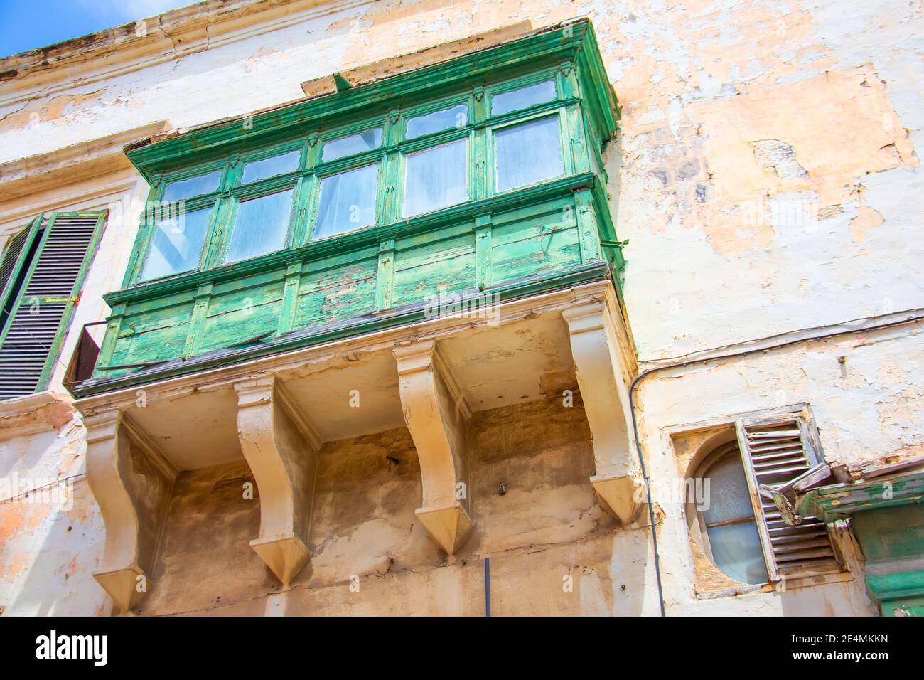 Typical traditional green balconies in the center of Valletta in Malta Stock Photo