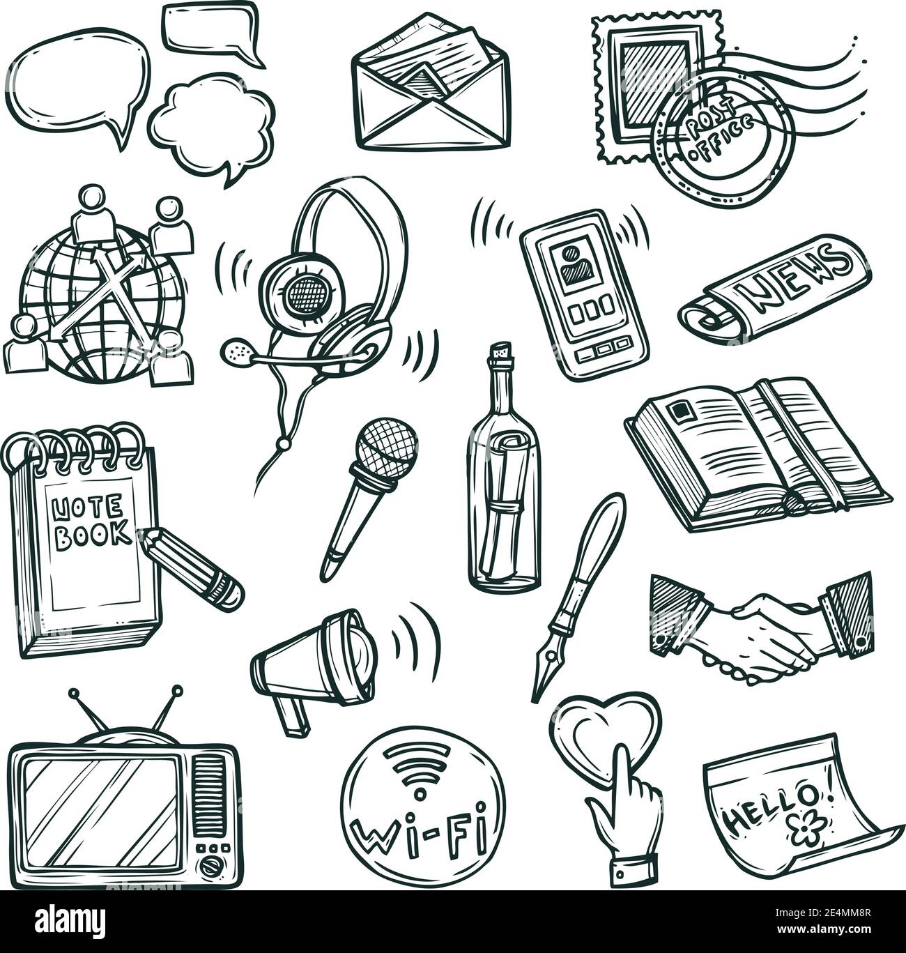 communication doodle decorative icon set with mobile phone notebook handshake symbols isolated vector illustration Stock Vector