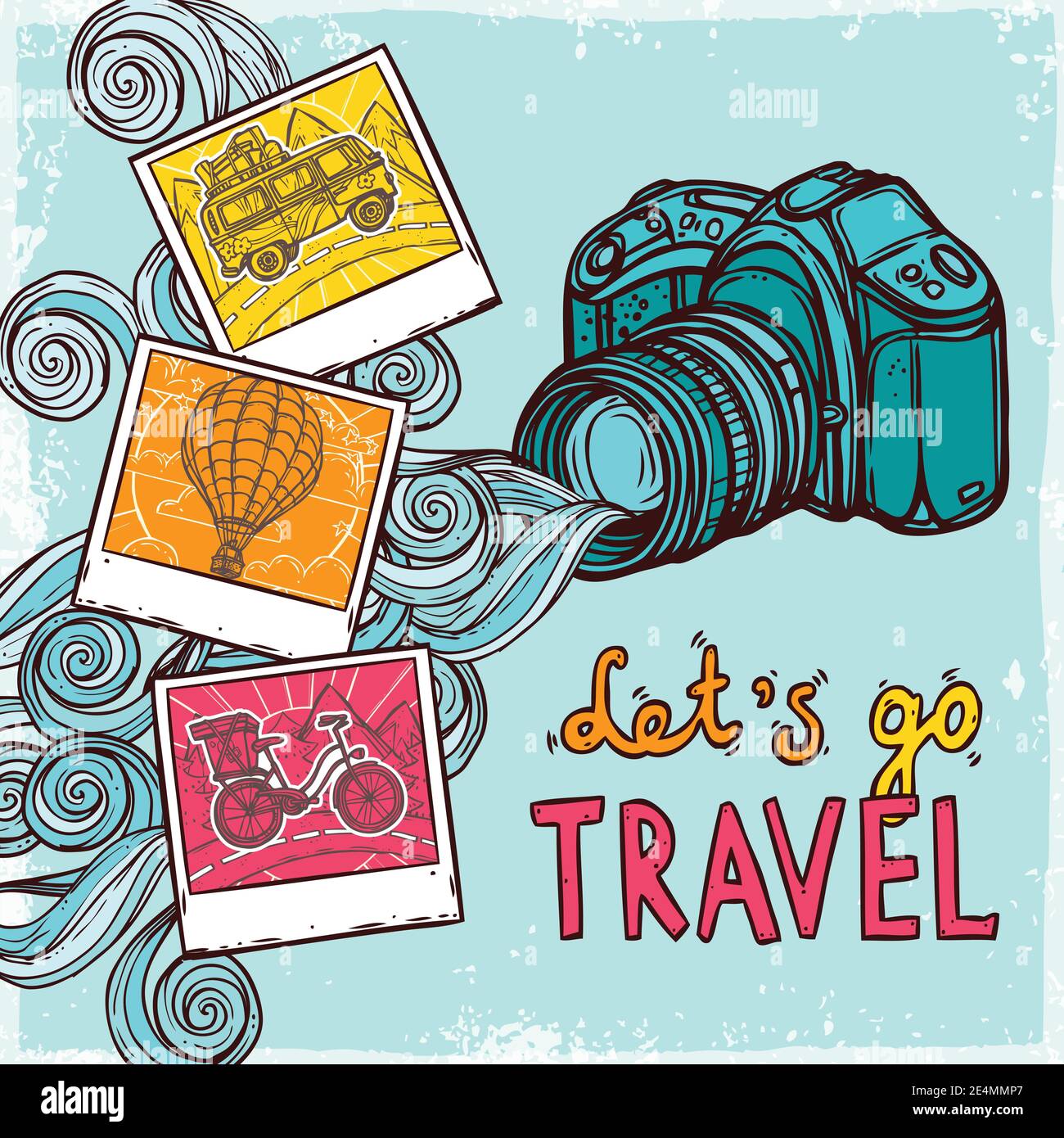 Vacation background with sketch photo camera and travel pictures vector illustration Stock Vector