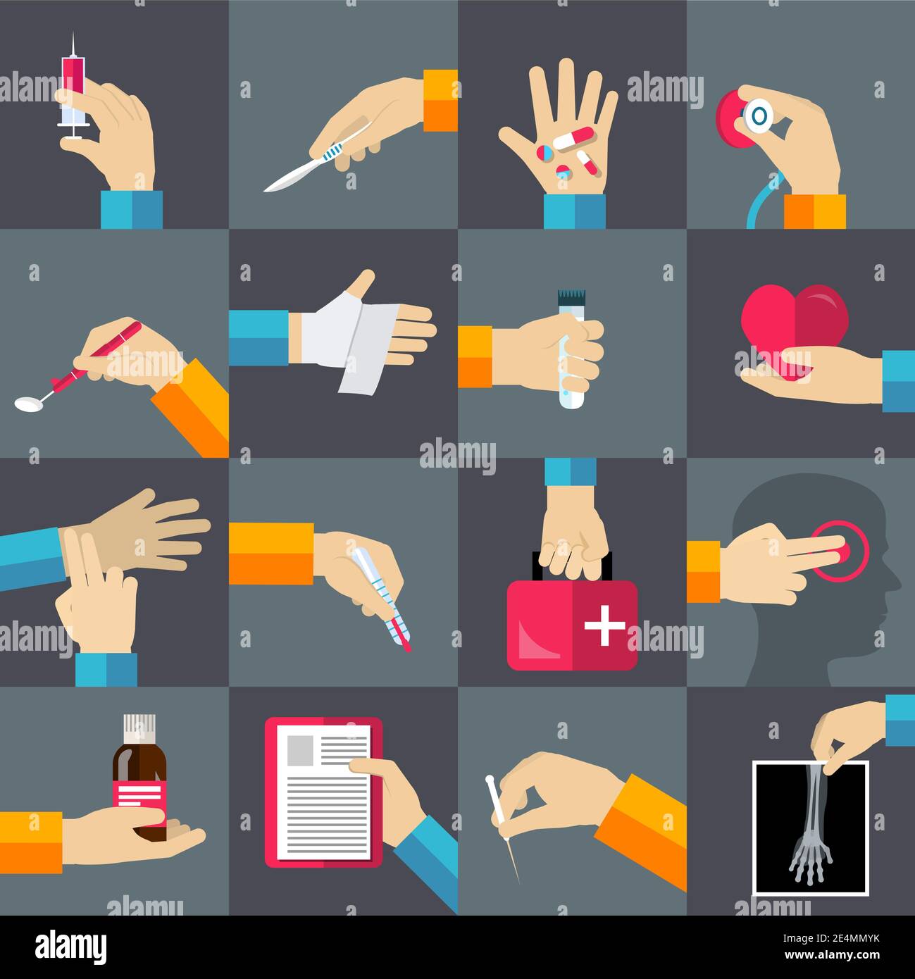 Medical hands with thermometer medicine syringe flat icons set isolated ...
