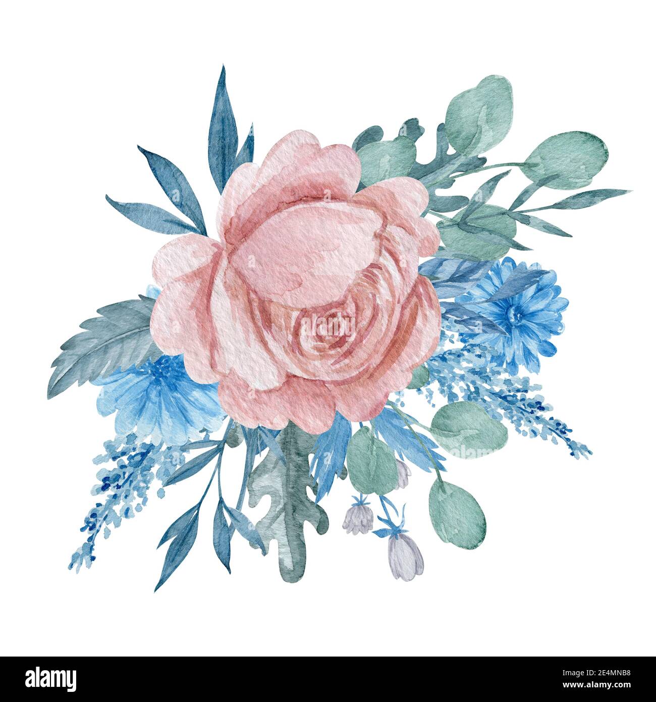 Blush and blue flowers with green leaves border isolated on white