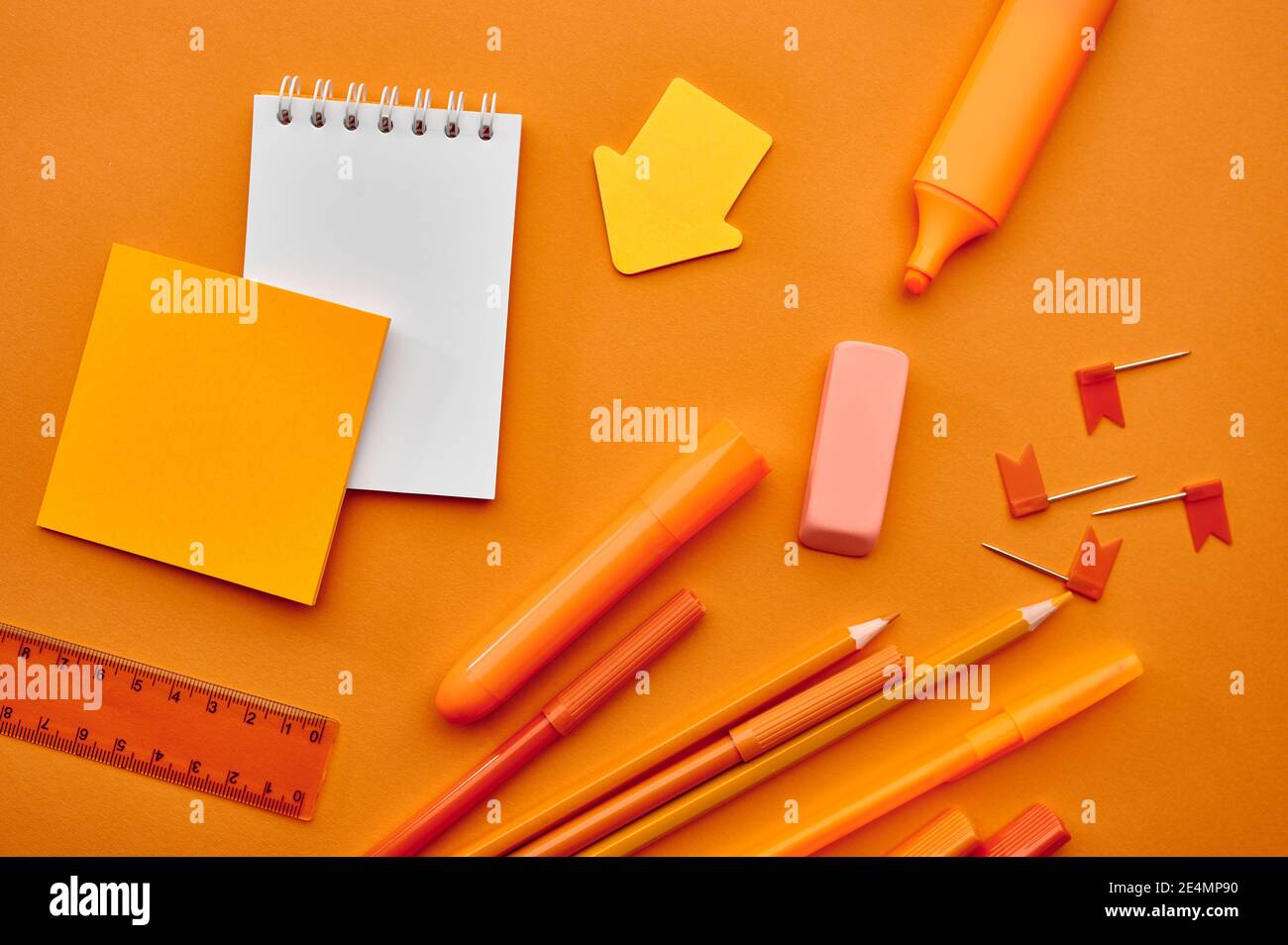 Stationery supplies,macro view, orange background Stock Photo Alamy