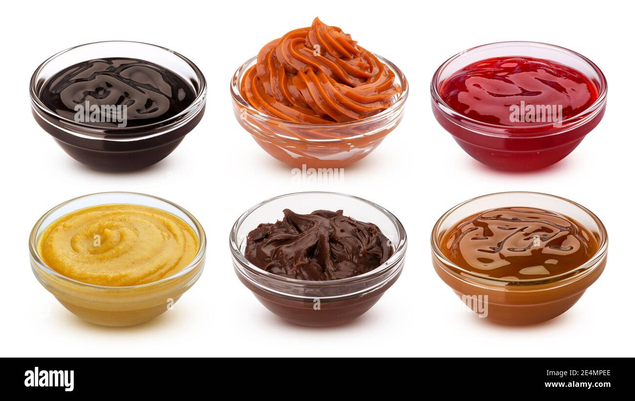 Collection of sweet sauces, fruit jams, chocolate and caramel creams