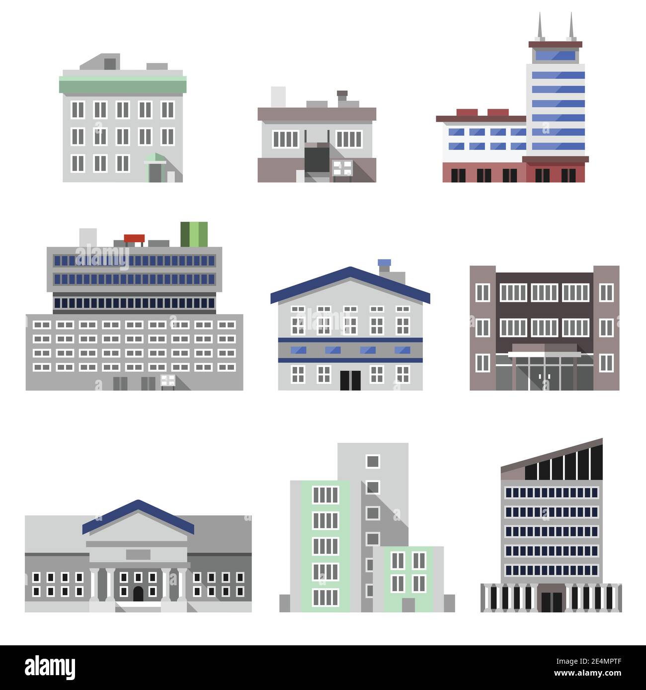 Business modern urban office buildings flat decorative icons set ...