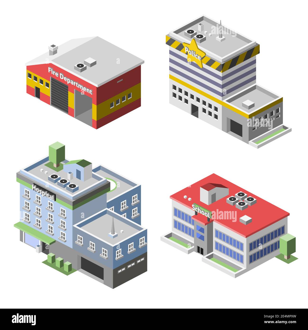 Government buildings 3d isometric set with fire department police hospital school isolated vector illustration Stock Vector