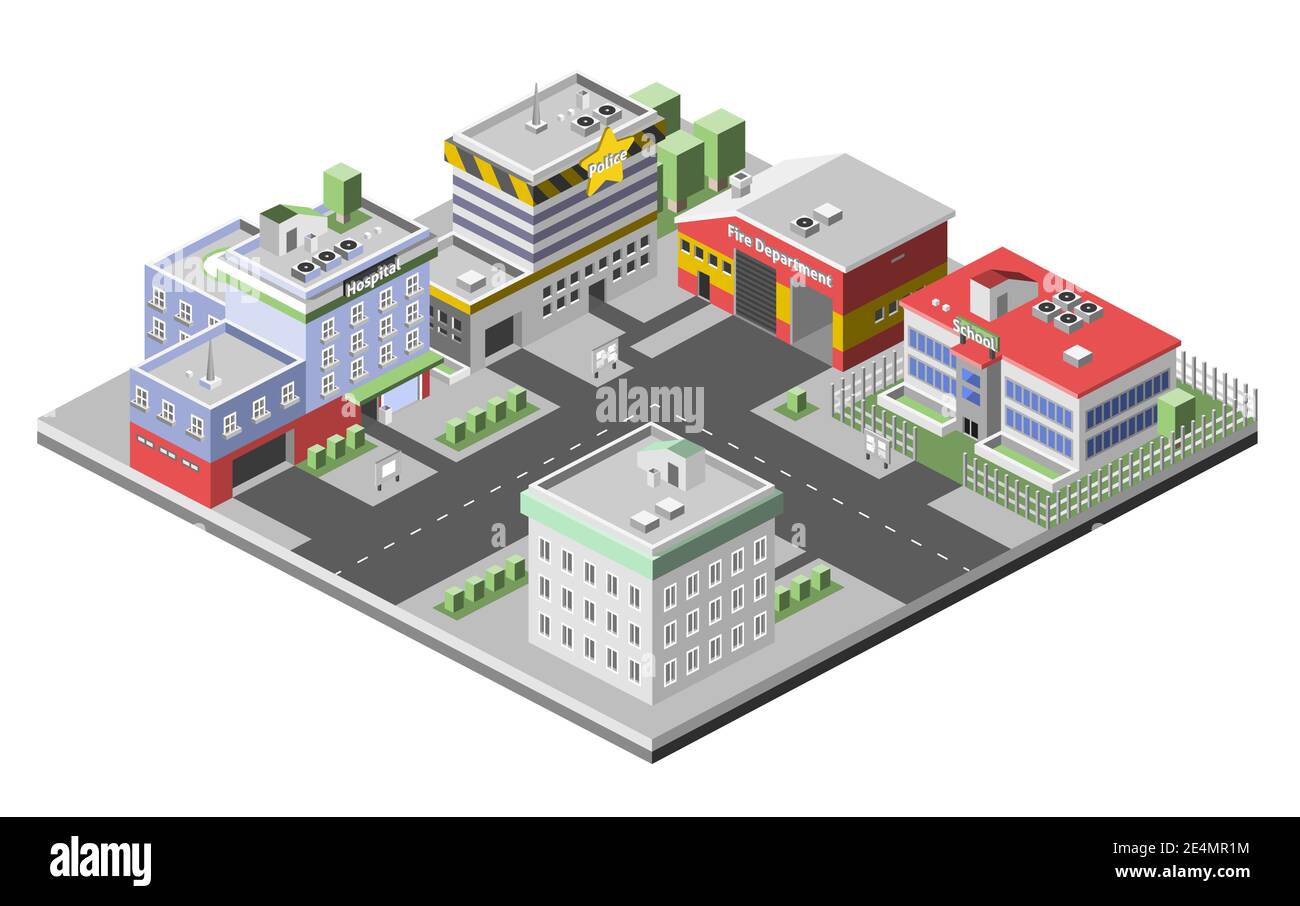 Isometric town concept with government buildings set of hospital police fire station vector illustration Stock Vector