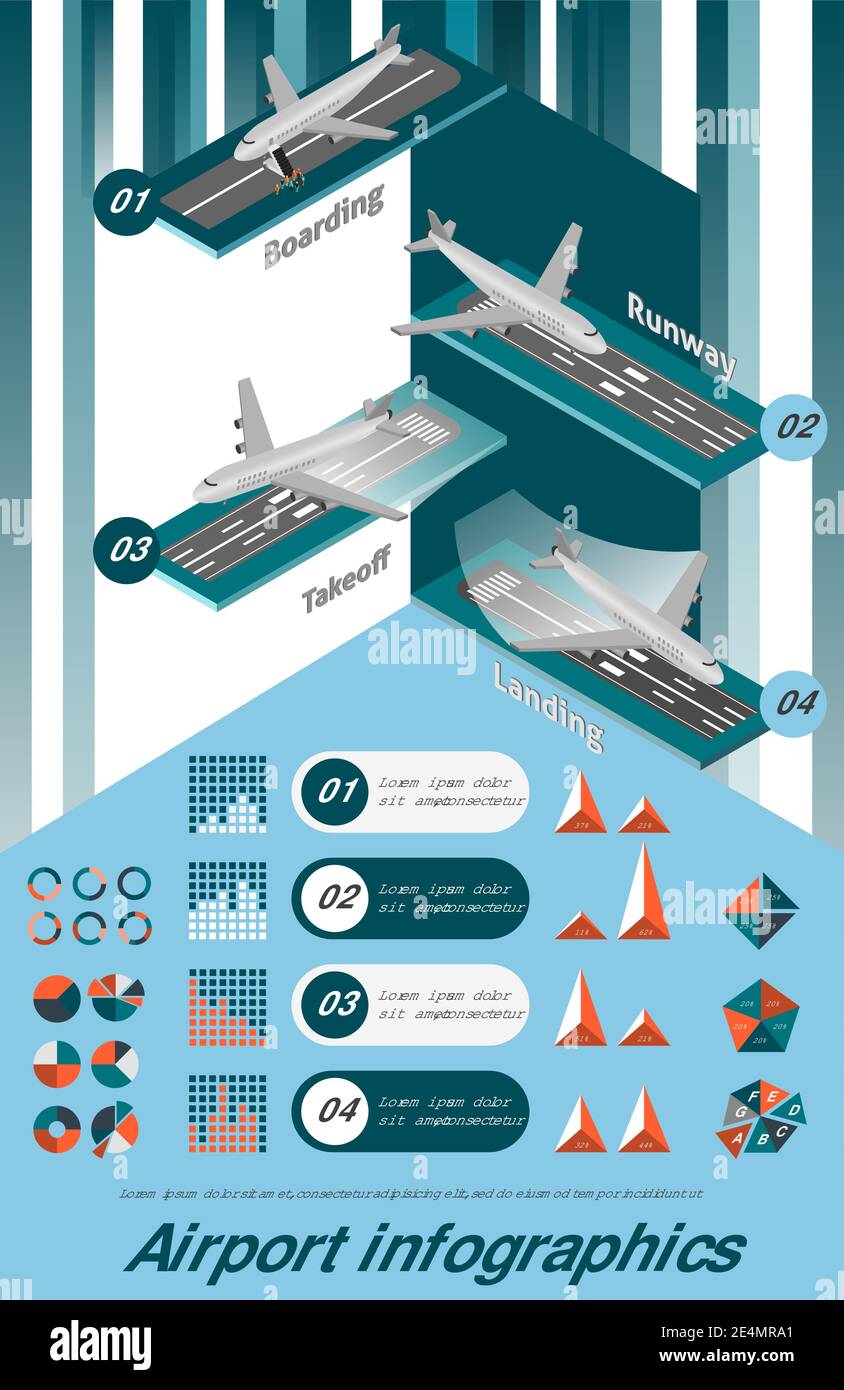 Airport infographic set with isometric boarding runway takeoff landing elements and charts vector illustration Stock Vector