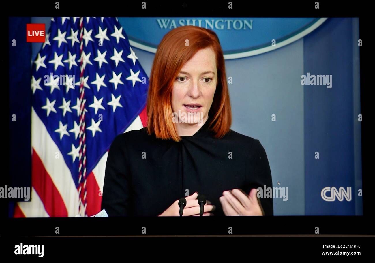 A CNN TV screen shot of White House Press Secretary Jen Psaki conducting a press briefing during U.S. President Joe Biden's first week in office. Stock Photo