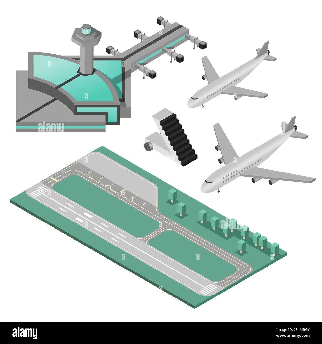 Airport stairway airplane and runway decorative icons 3d isometric set isolated vector illustration Stock Vector