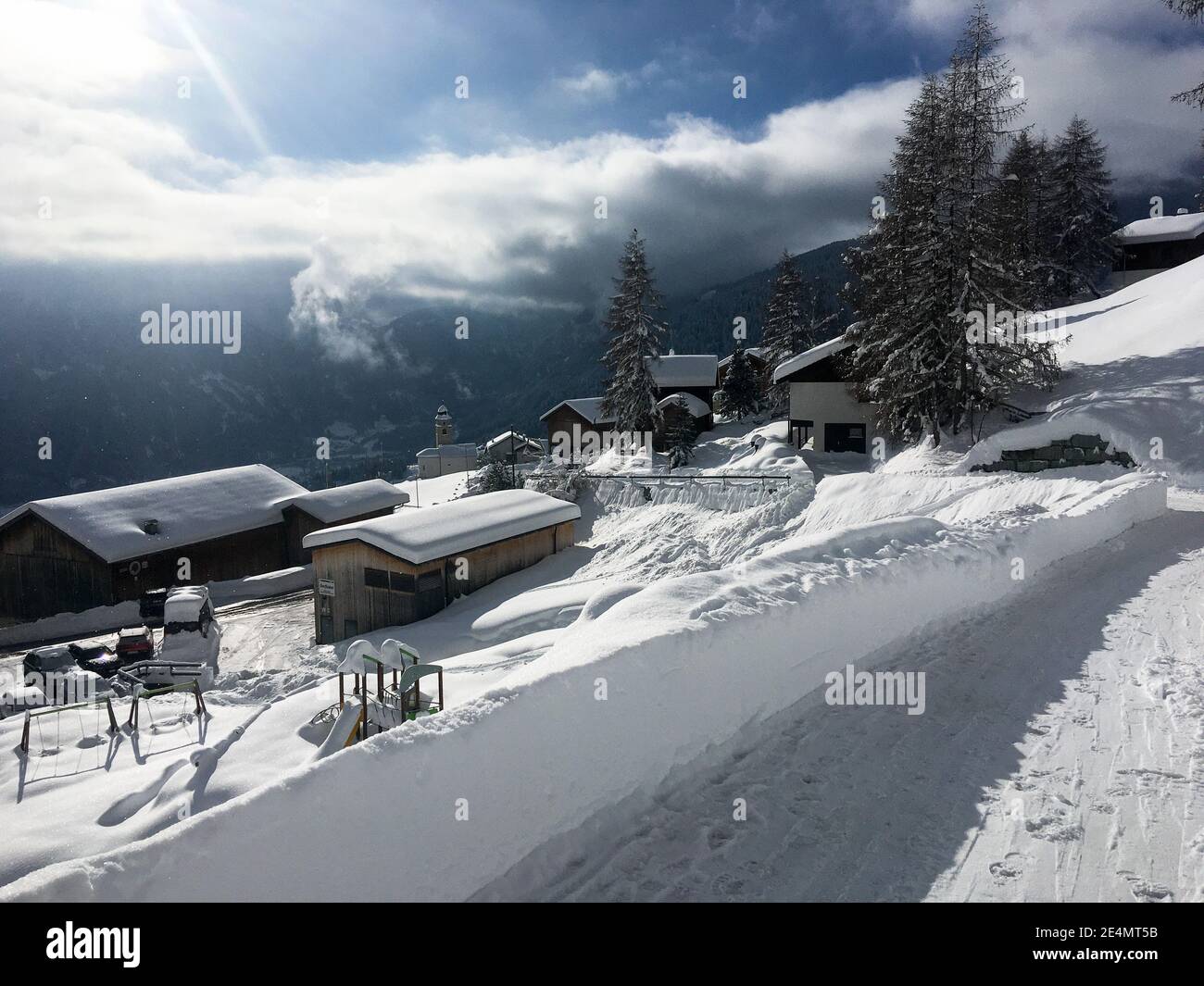 Schamserberg, Switzerland: Winter landscape of the Schamserberg and Piz Beverin nature park. Stock Photo
