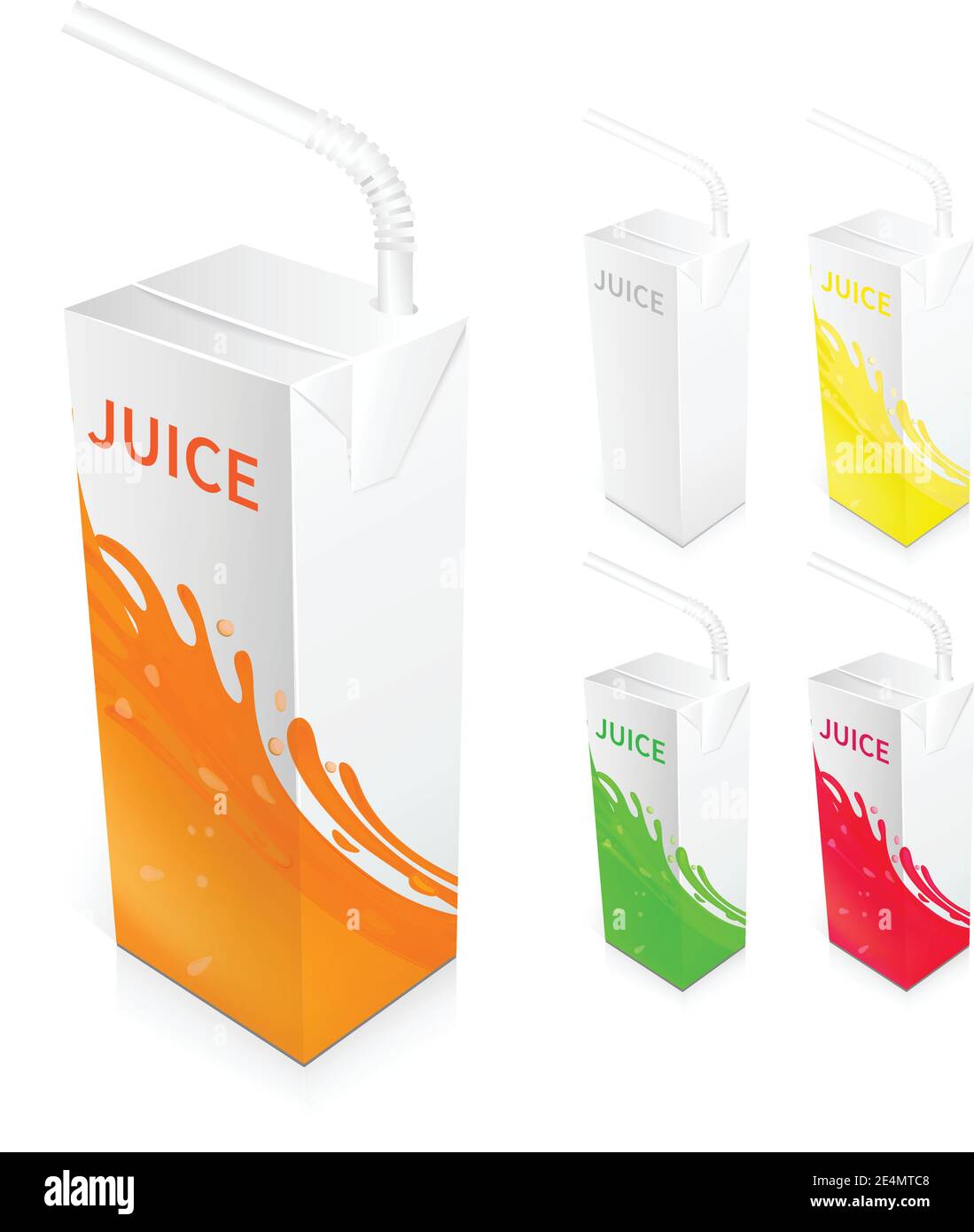 Juice box packages 3d realistic blank and colored set isolated vector