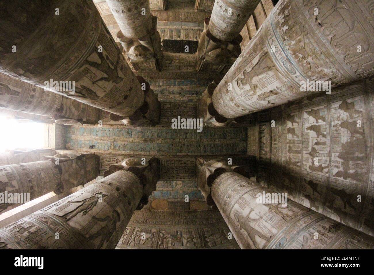 Relief Paintings in the great columns hall of the Hathor temple of Dendera, Egypt Stock Photo