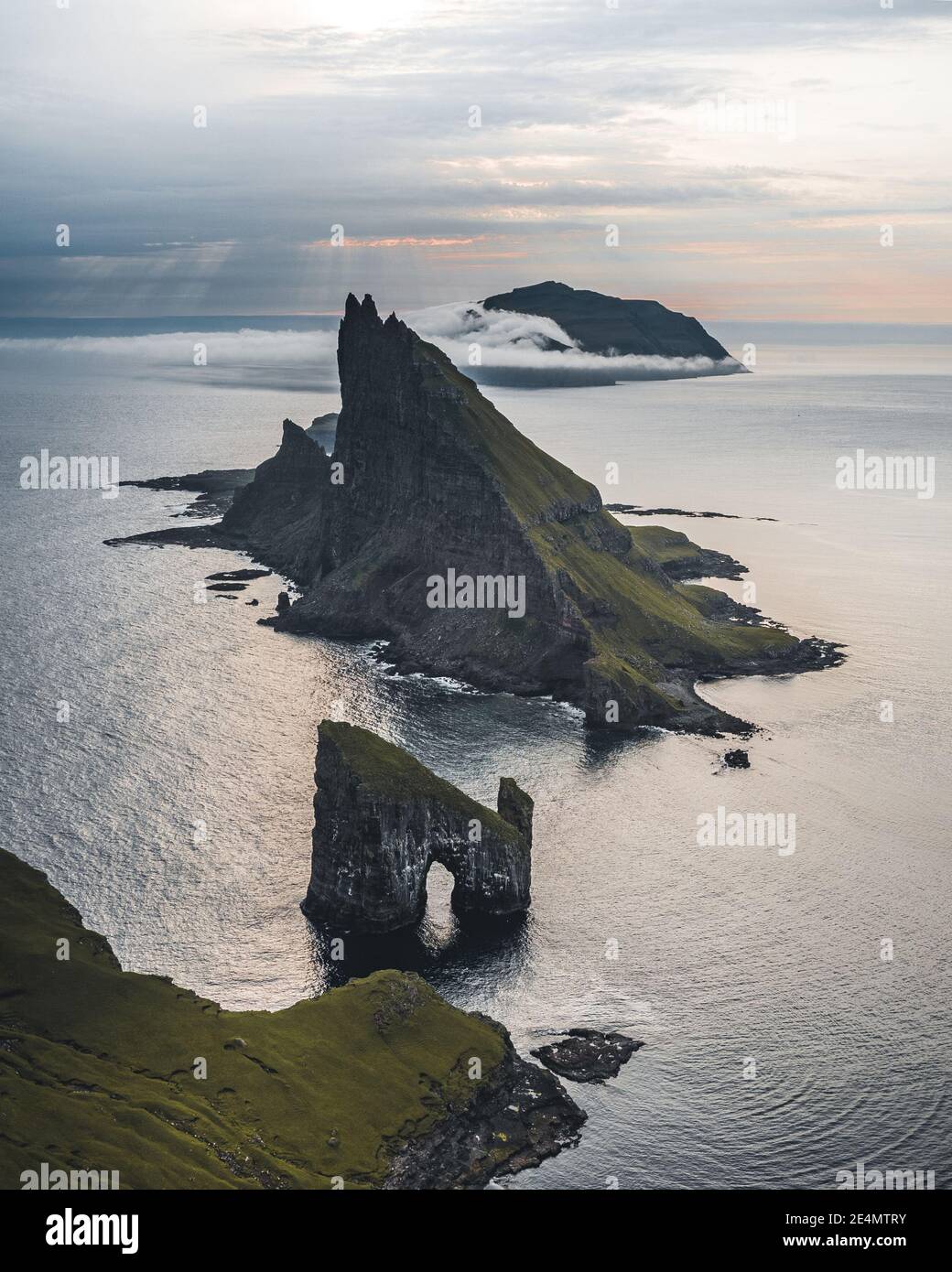 Drangarnir and Tindholmur on Faroe Islands Vagar, aerial drone view