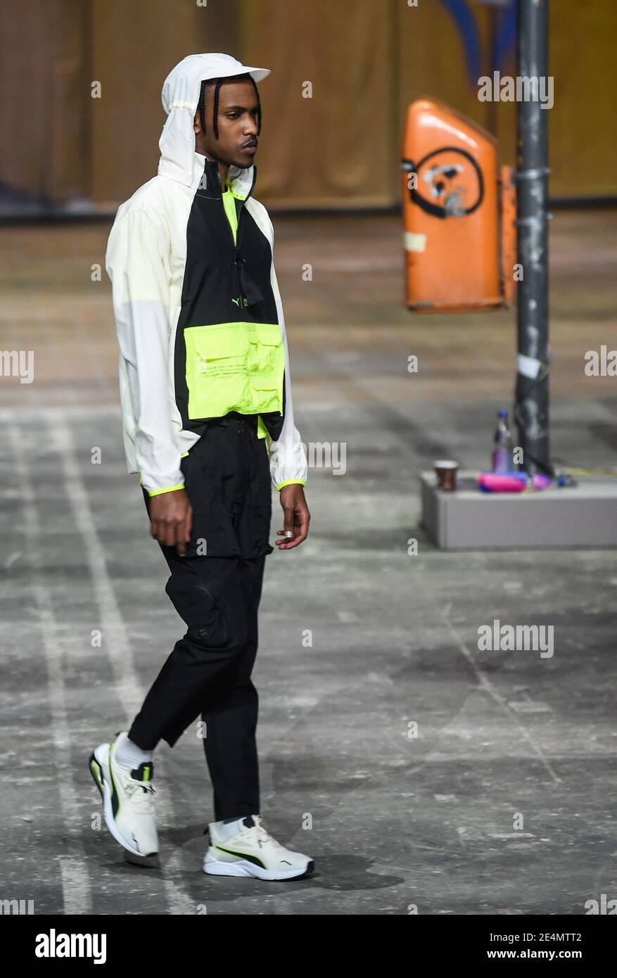 Berlin, Germany. 23rd Jan, 2021. A model shows a creation by Puma at the  About You Fashion Week at Kraftwerk Berlin. The Berlin Fashion Week for the  autumn/winter season 2021/2022 takes place