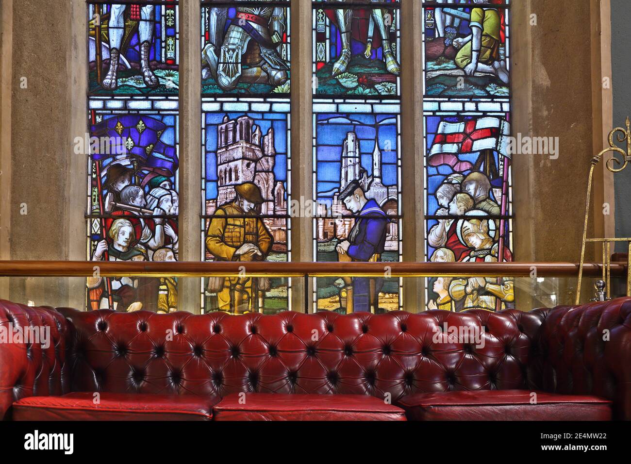 Stained glass with images of the British military history, as seen in an old church in Nottingham, England, nowadays a bar. Stock Photo