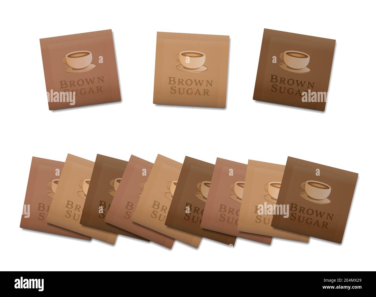 Brown sugar sachets, fake product paper packets - illustration on white background. Stock Photo