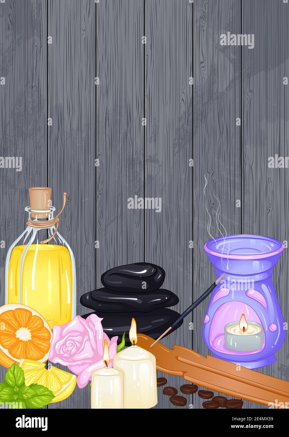Vector still life with accessories for spa salon, aromatherapy on a gray wooden background. Oil burner, aroma oil, candles. Template for poster, banner, postcard or other Stock Vector