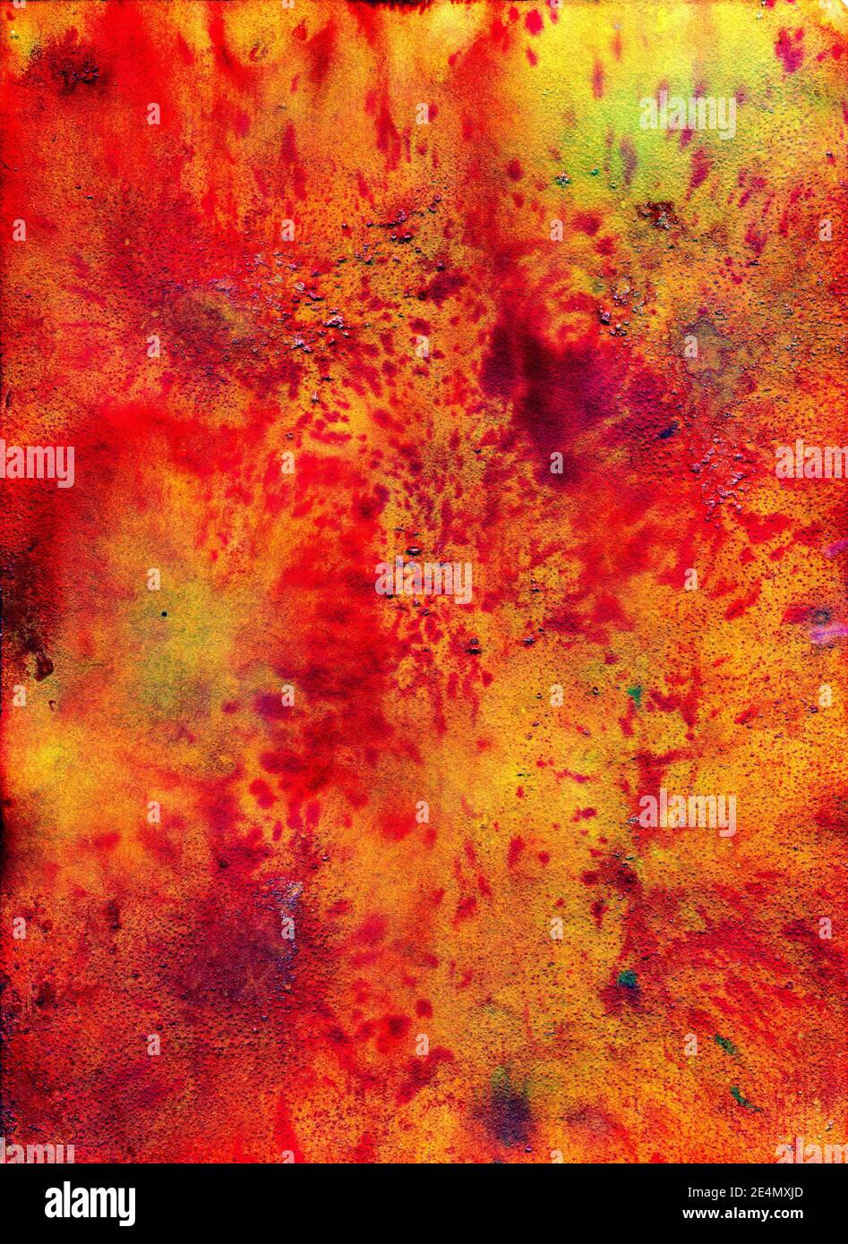 Background, watercolor texture. Red and orange background with splashes of red paint, green shades Stock Photo