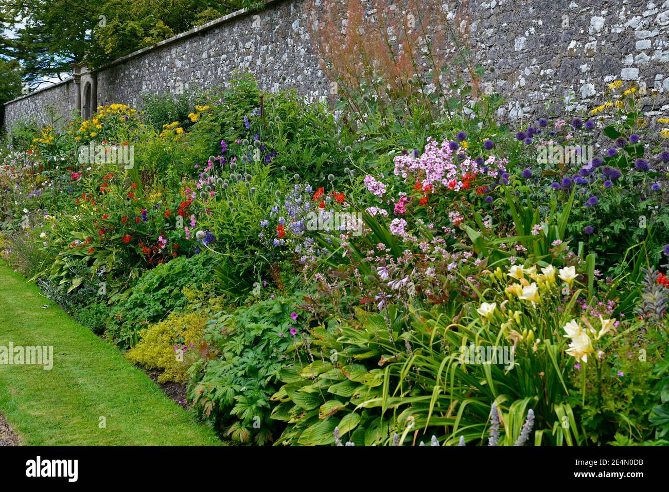 walled garden,herbaceous border,mixed planting scheme,phlox,crocosmia,echinops,daylily,hosta,geranium,acanthus,RM Floral Stock Photo