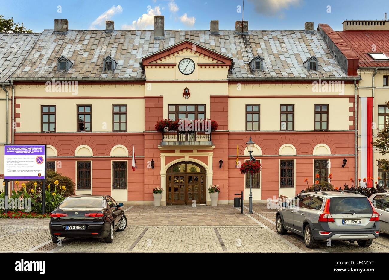 Olkusz, Poland - August 24, 2020: Historic Town Hall at Olkusz market square with in Beskidy mountain region of Lesser Poland Stock Photo