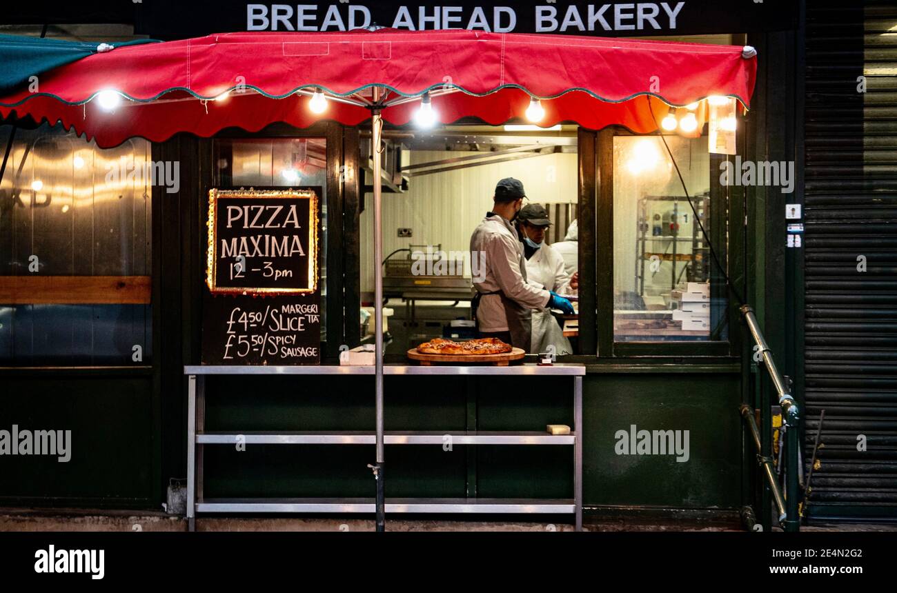 Bread Ahead Bakery serving pizza in Borough Market, London Stock Photo