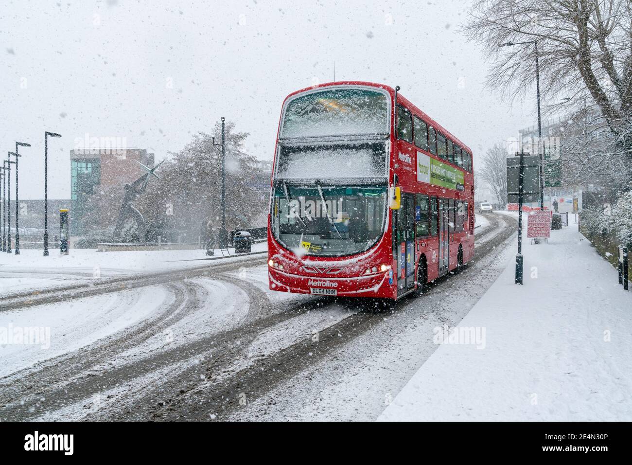 24th Jan 2021 - London, UK. A double-decker bus covered in snow in Wembley Park. Stock Photo