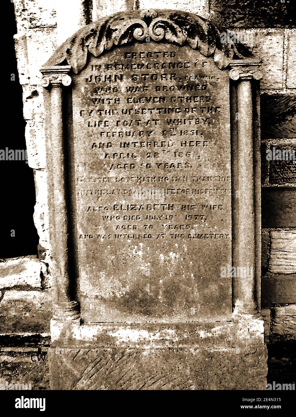 1861 WHITBY LIFEBOAT DISASTER - The gravestone of  John Storr (coxwain) one of the 11 crew who drowned  - During a severe storm on 9 February 1861, a Whitby lifeboat capsized, throwing the crew overboard. All except one had wife / children. Only one member of the crew, Henry Freeman, survived because he was wearing a new cork lifejacket. John Storr and the rest of his crewmen drowned. 200 ships were lost on the east coast Stock Photo