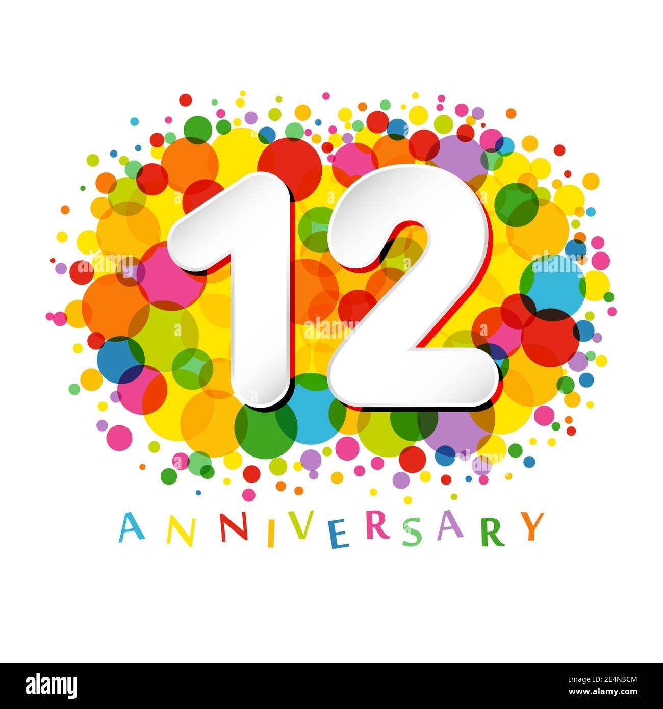 12th anniversary numbers. 12 years old multicolored congrats. Cute congratulation concept. Isolated abstract graphic design template. Age digits. Up t Stock Vector