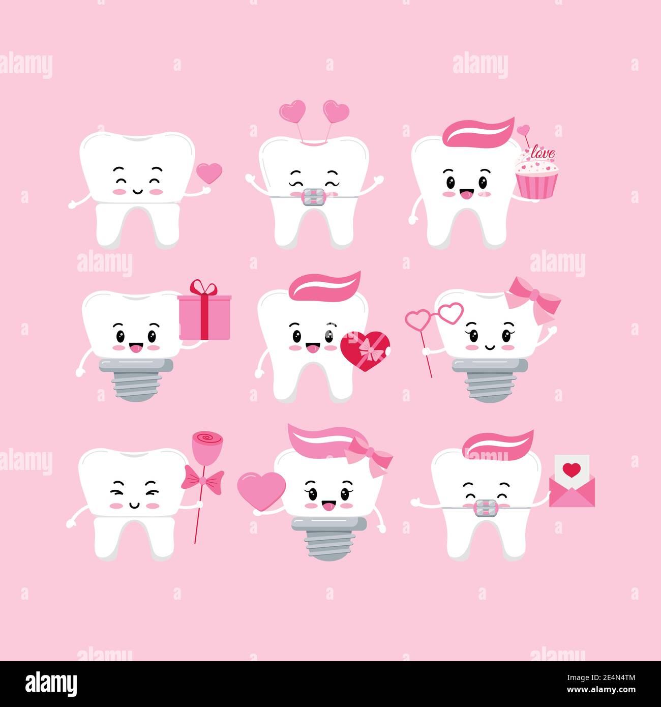 Valentines day teeth dental icon set isolated. Stock Vector