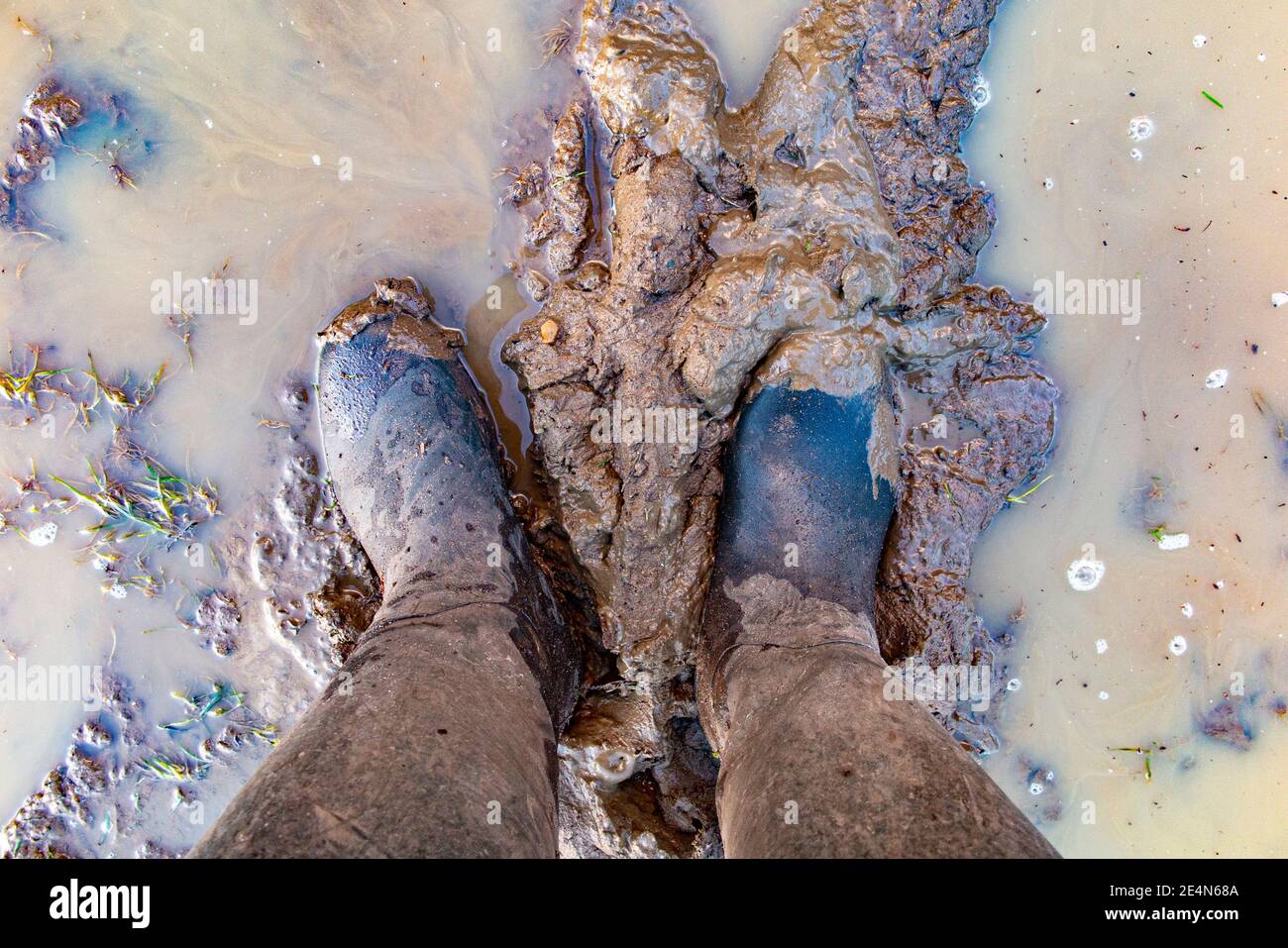 Wellington boots in deep, wet mud Stock Photo