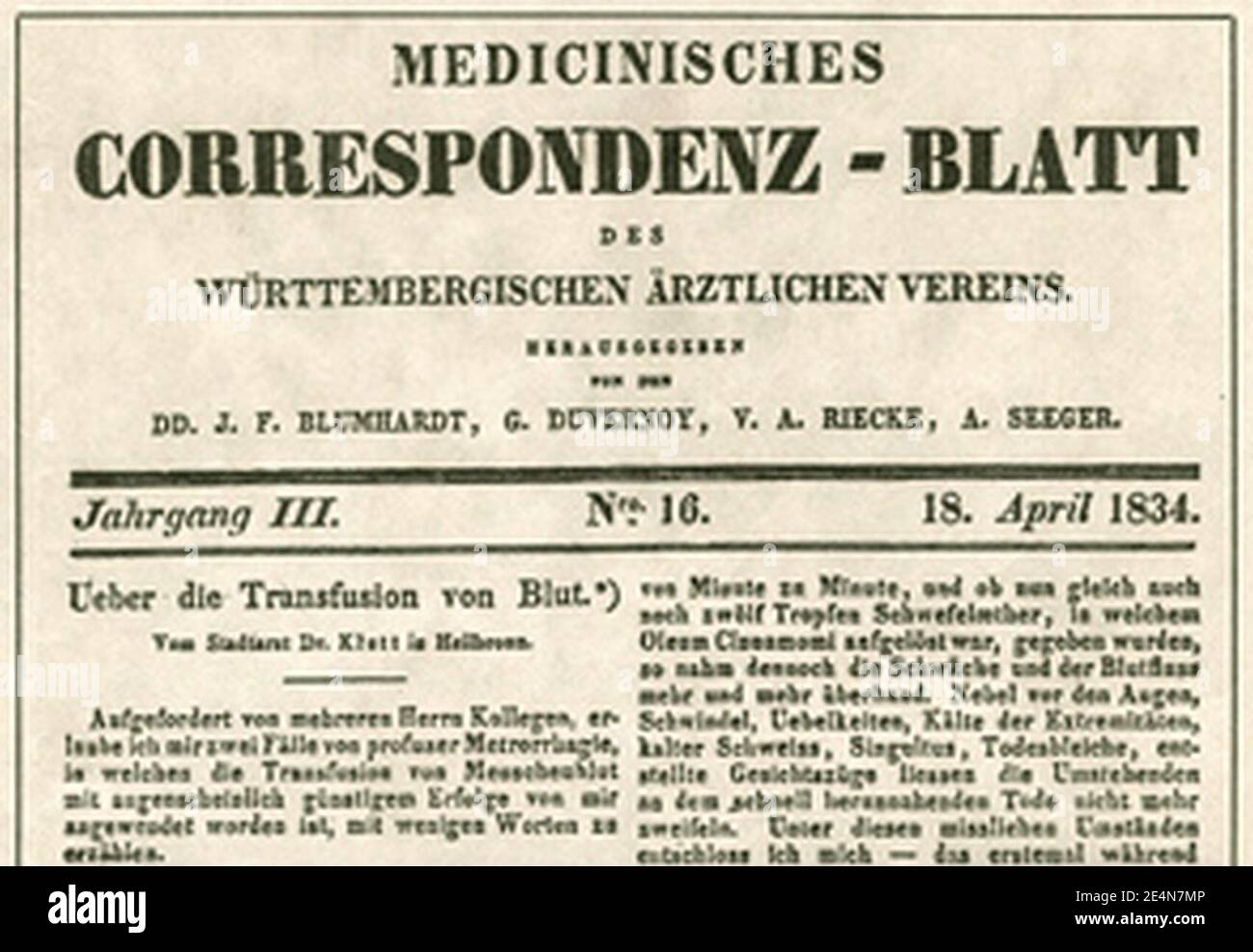 Medizinisches Korrespondenzblatt, 1834 - Georg Klett vollzog die erste erfolgreiche Bluttransfusion auf deutschem Boden. Stock Photo