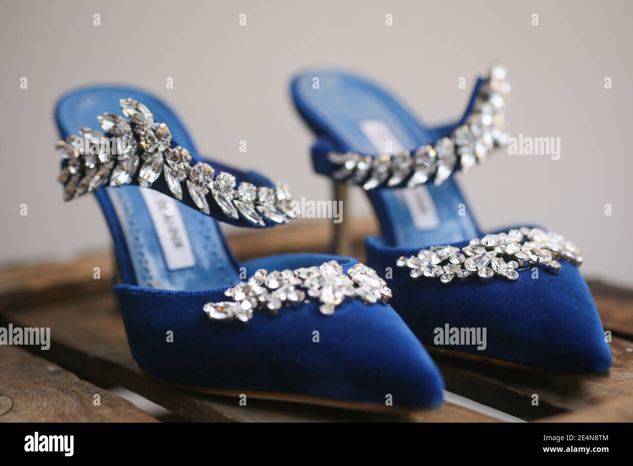 Blue Suede Designer Manolo Blahnik Slip on Backless Shoes Stock Photo -  Alamy