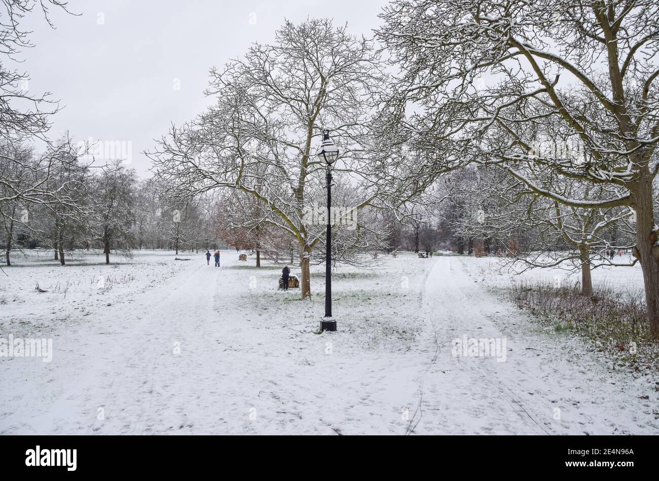 A view of Hyde Park covered in snow.Londoners woke up to heavy snowfall, a very rare occurrence