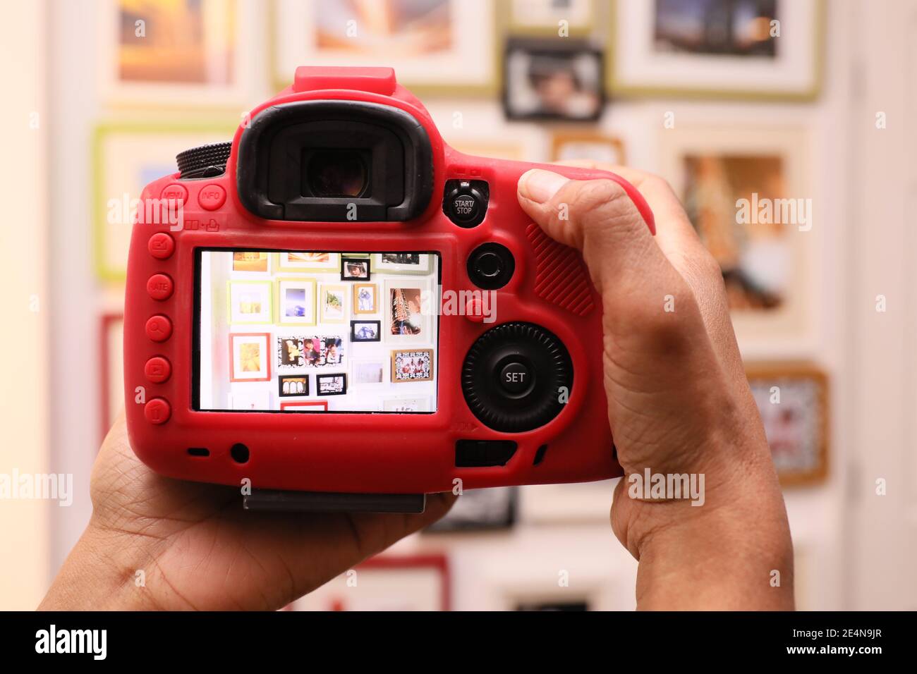 Female Hand holding Red Camera showing viewfinder Stock Photo Alamy