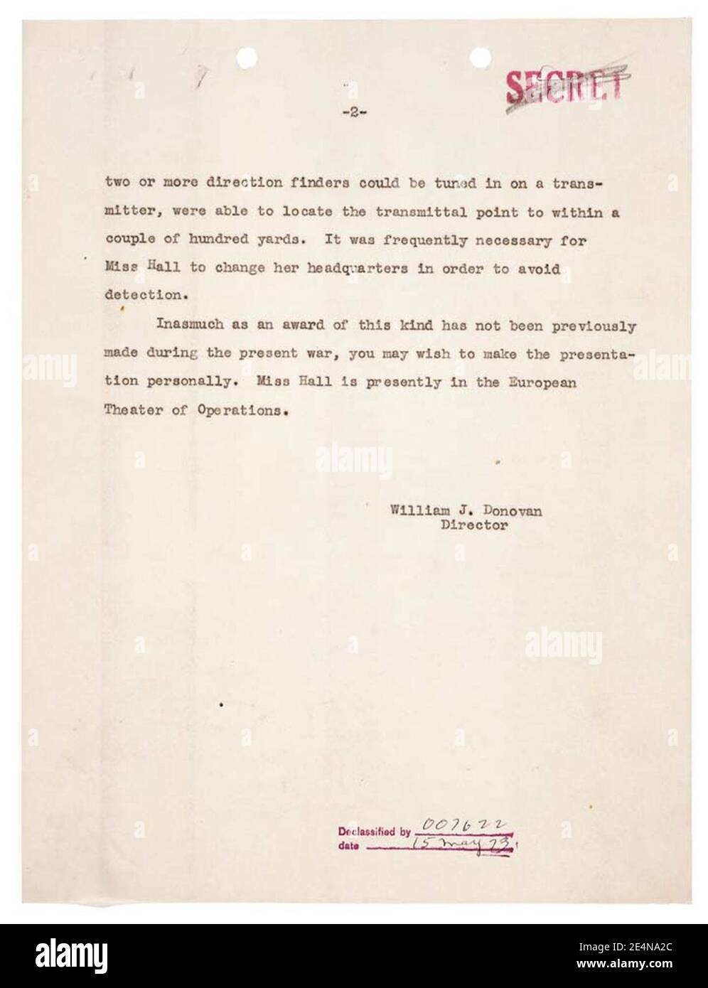 Memorandum for the President from William J. Donovan Regarding Distinguished Service Cross (DSC) Award to Virginia Hall, 05-12-1945, Page 2 of 2 (5669348109). Stock Photo