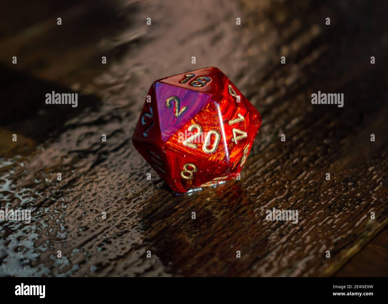 Close-up image of a marbled red 20 sided die on a wet wooden surface outside in the sunlight Stock Photo