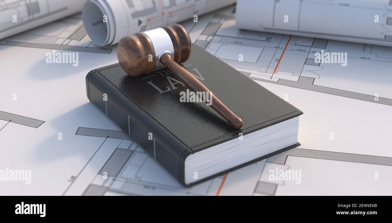 Construction law, labor law and arbitration concept. Judge gavel and book on project blueprint background. 3d illustration Stock Photo