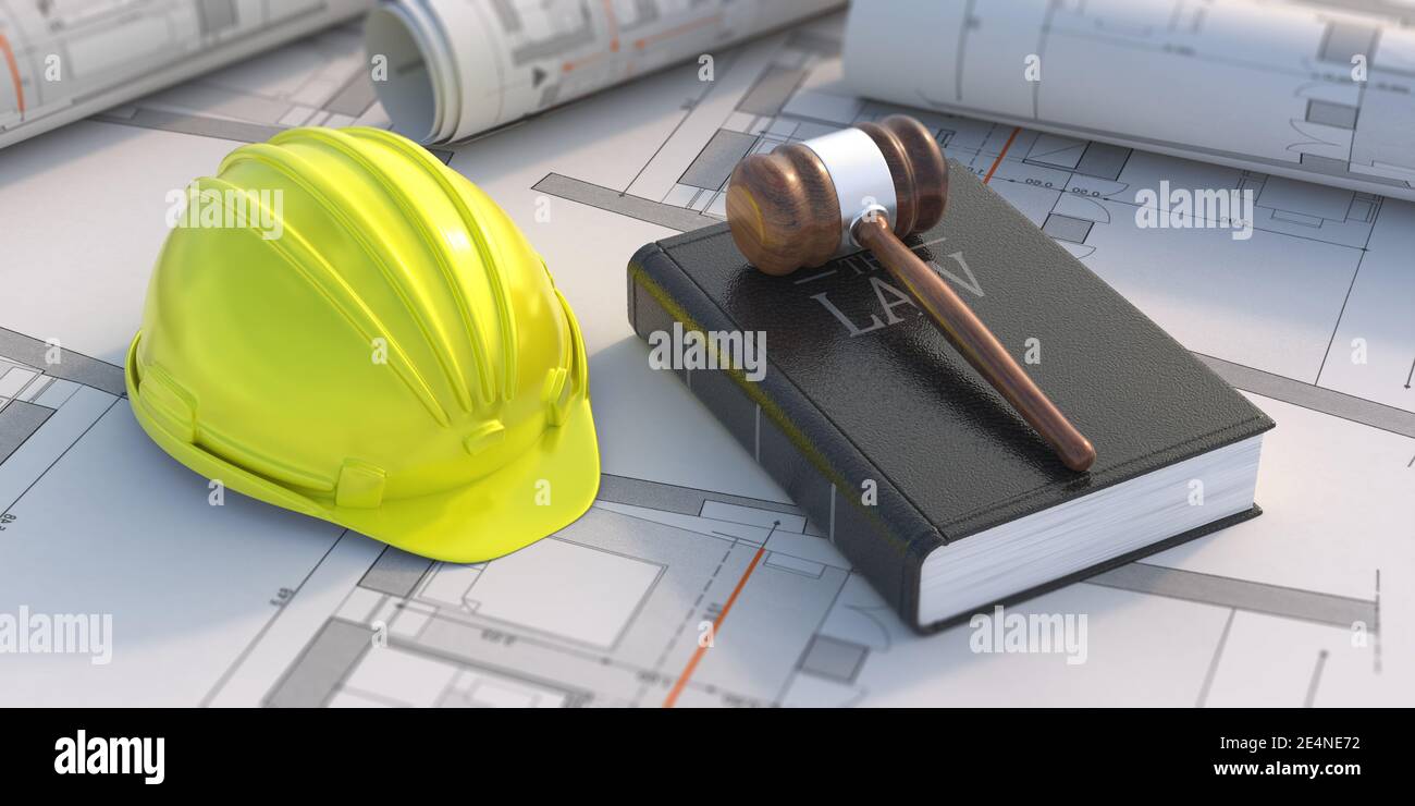 Labor law construction law and arbitration concept. Judge gavel hardhat and black book on project blueprint background. 3d illustration Stock Photo