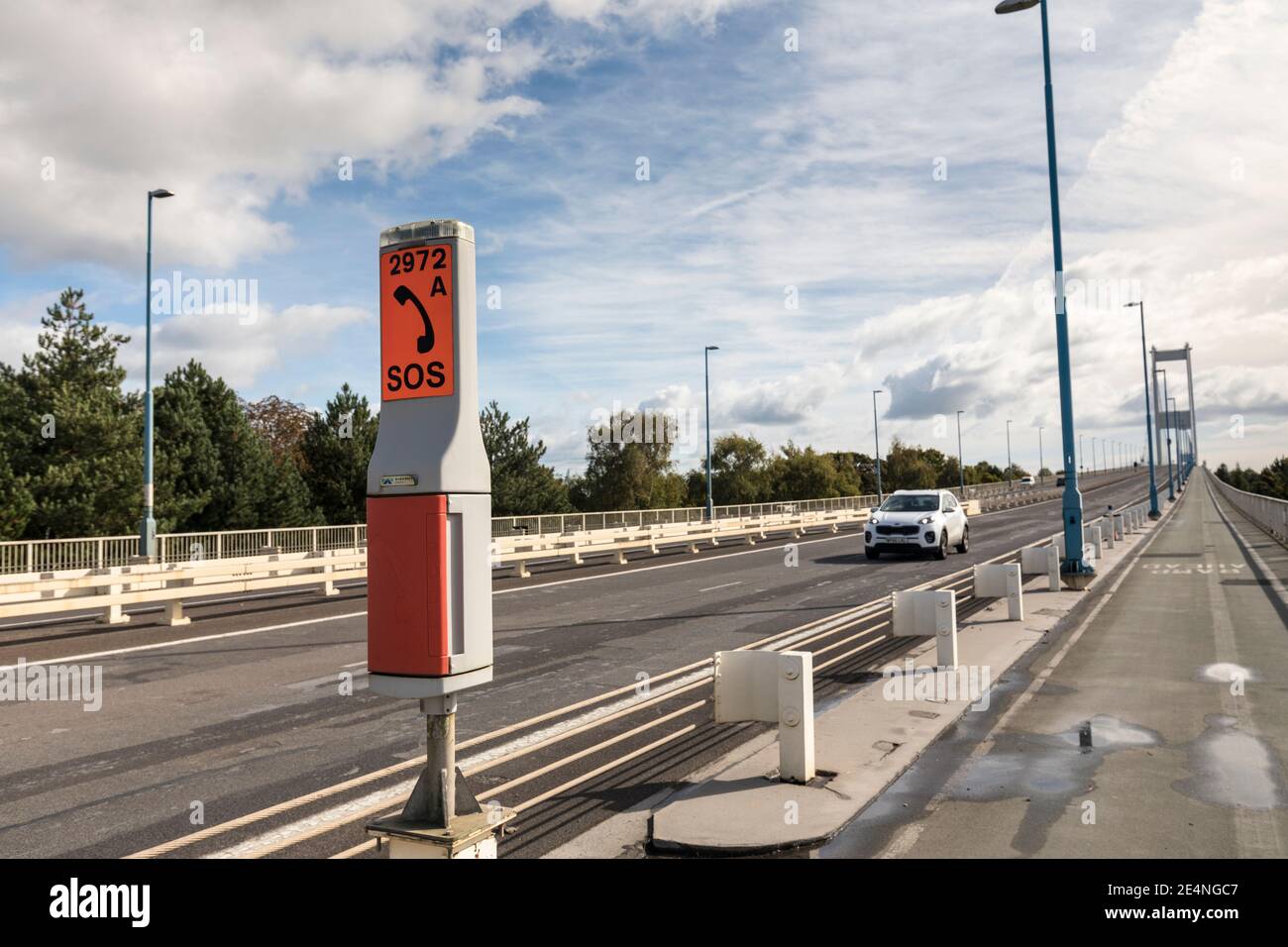 SOS phone on the Severn Crossing old bridge near Chepstow, South Wales, UK Stock Photo
