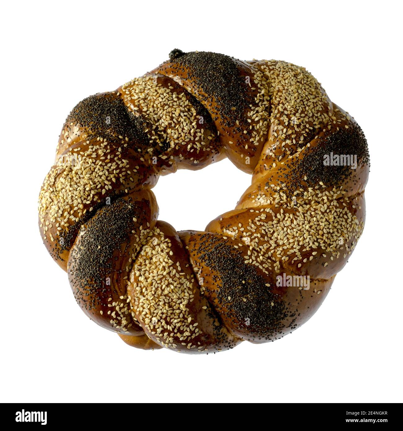 Freshly baked pastries Kolach topped with poppy seeds and sesame seeds, on a white background isolated, Pastry, pastries. Stock Photo