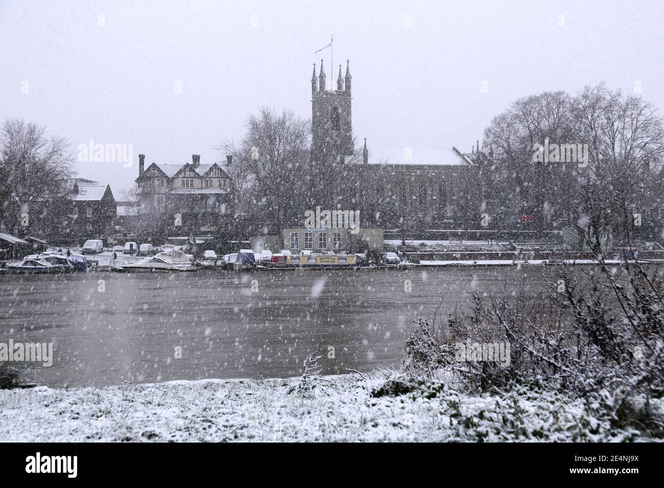 St Mary's Church at Hampton during heavy snow, seen from Sadlers Ride, Hurst Park, East Molesey, Surrey, England, Great Britain, UK, Europe Stock Photo