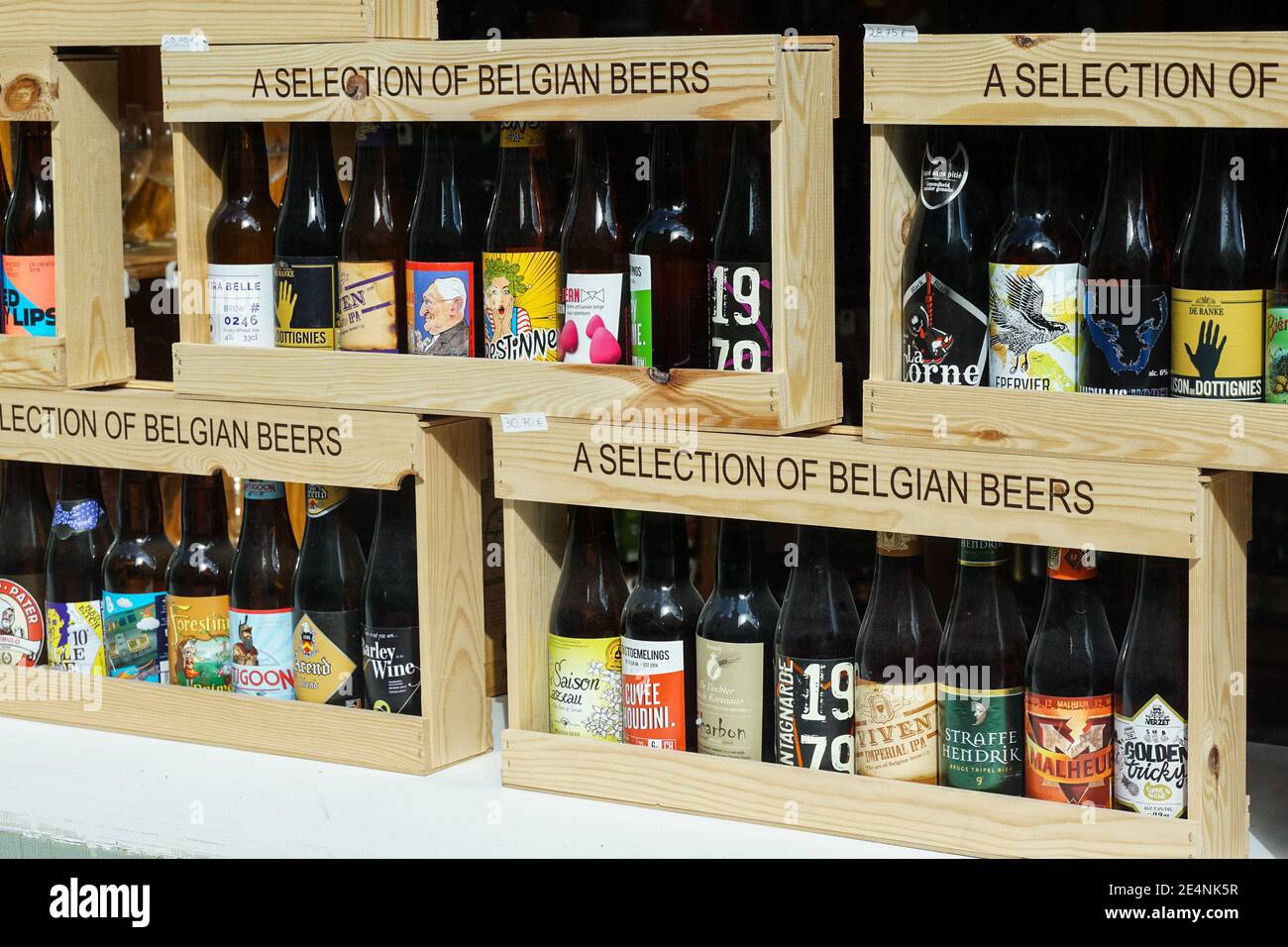Belgian beer selection in a shop, Belgian beers, Brussels, Belgium Stock Photo