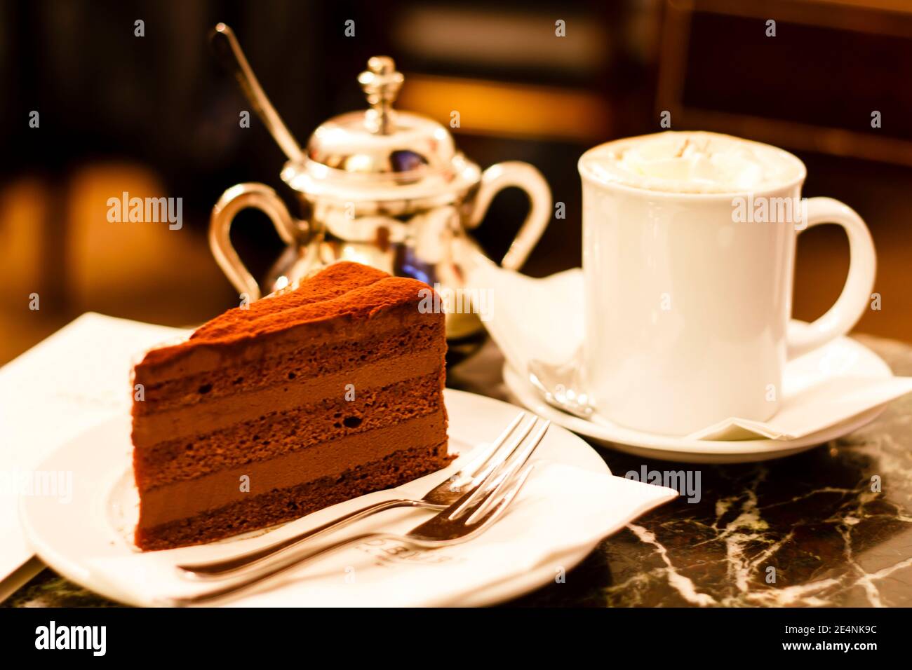 Sachertorte, or chocolate cake, in the 'Demel' - traditional Viennese coffee house, Vienna, Austria Stock Photo