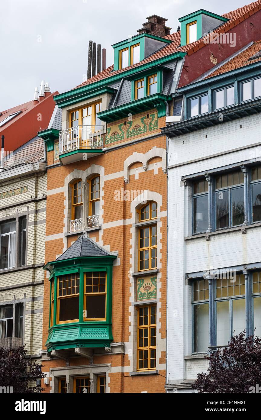 Facade of Art Nouveau style house in Brussels, Belgium Stock Photo